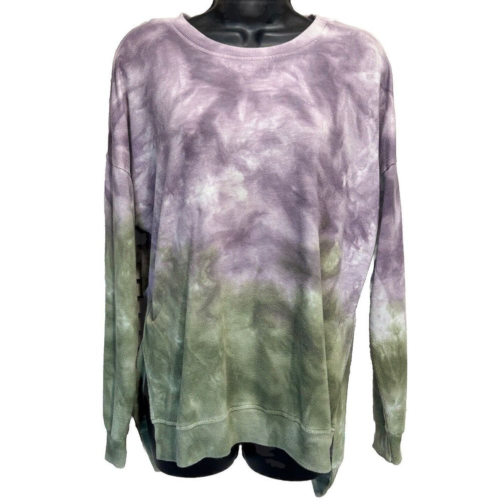 Dantelle Purple/Green Tie Dye Crew Neck Long Sleeve Top Size M Side Slits